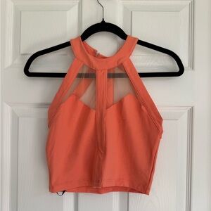 bebe Coral Halter Crop Top with Mesh Insets